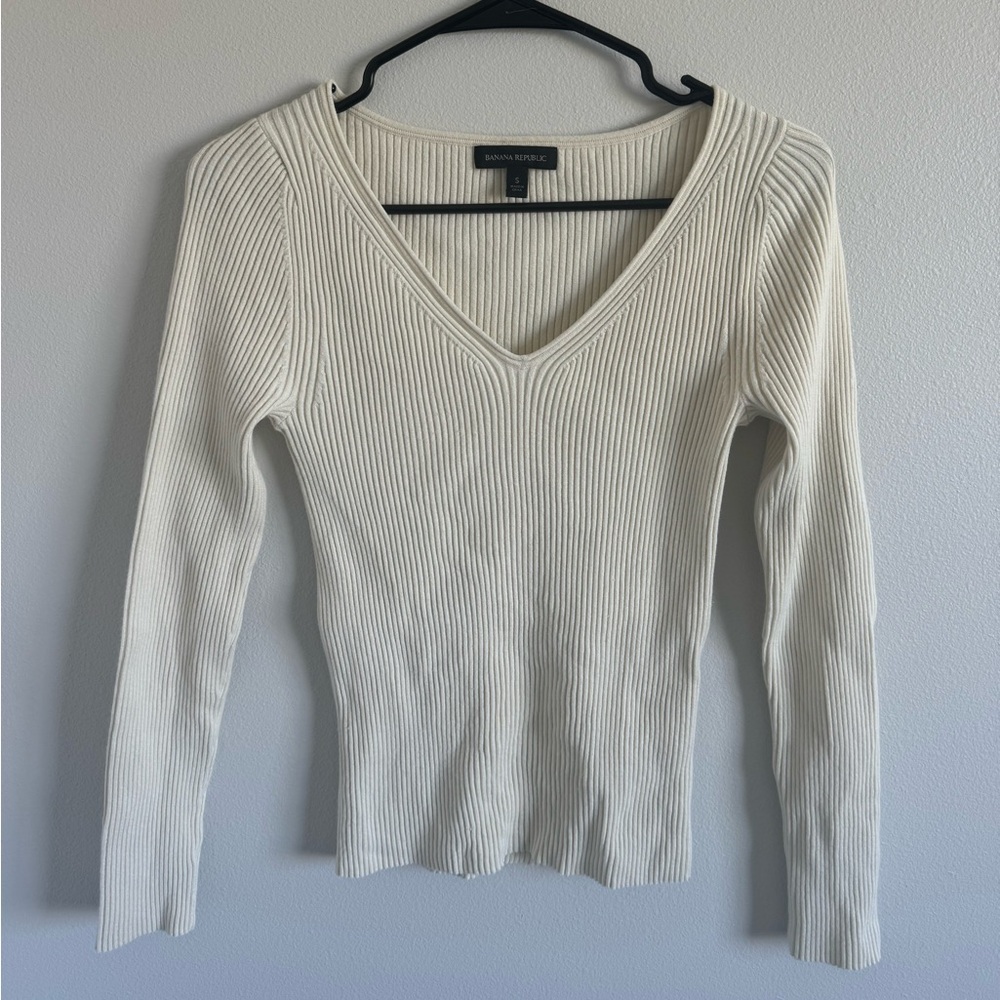Cream Ribbed Banana Republic V-neck Sweater Women’s Sz S